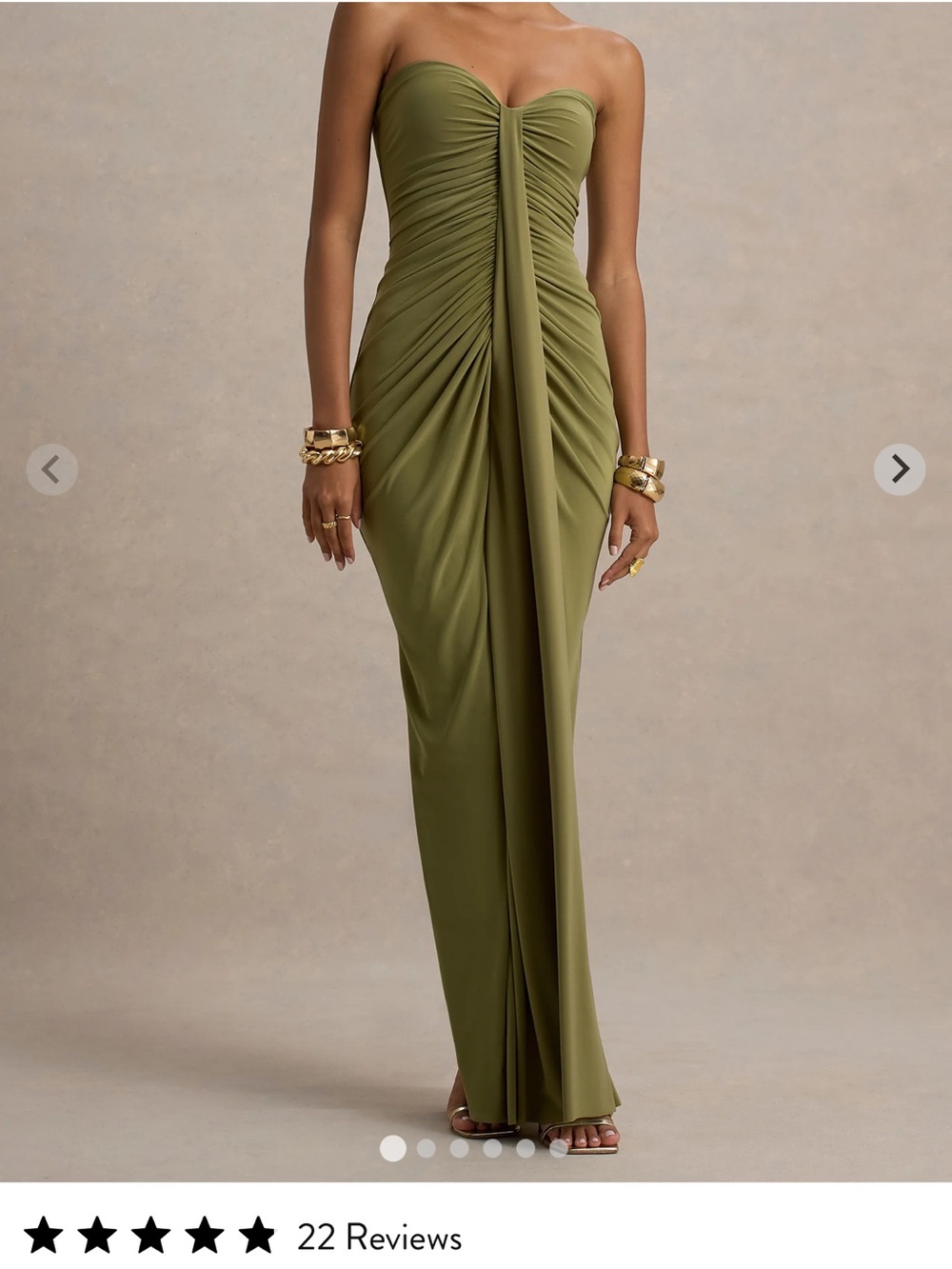 Club London Ali Strapless Olive Green Ruched Maxi Dress